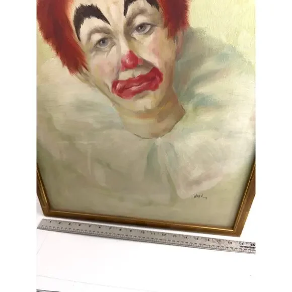 Vintage Signed Sad Clown Oil Painting by WREN ’79 Framed Original Artwork MCM